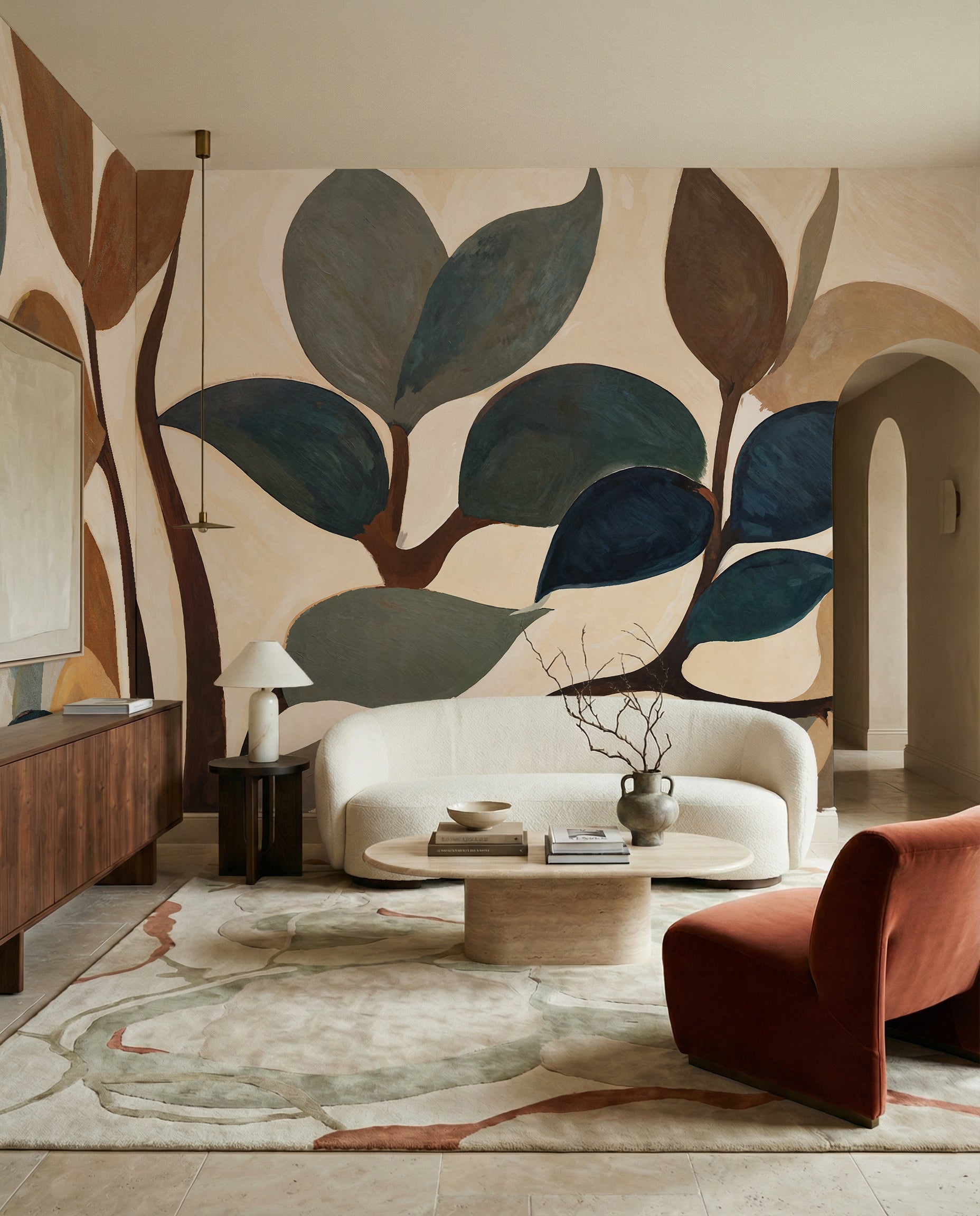 Teal and ochre foliage spreads across Emils Garden behind a rust accent chair in the living room