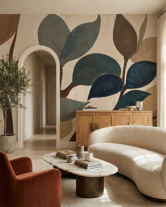 Painted leaves on slim stems mark the Emils Garden wall mural in a living room alcove
