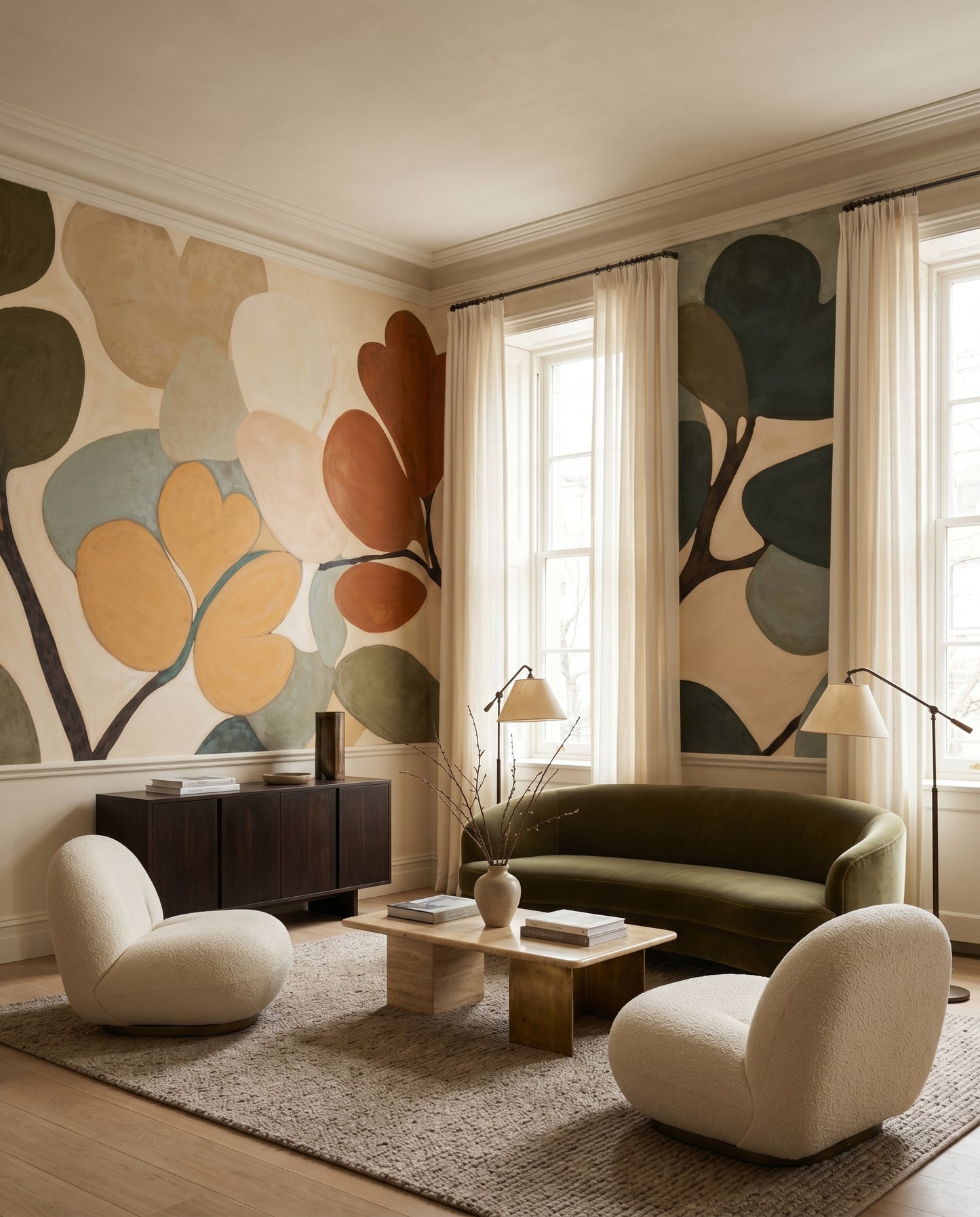Earthy bouquet wall mural lifts a lounge corner with mustard accents