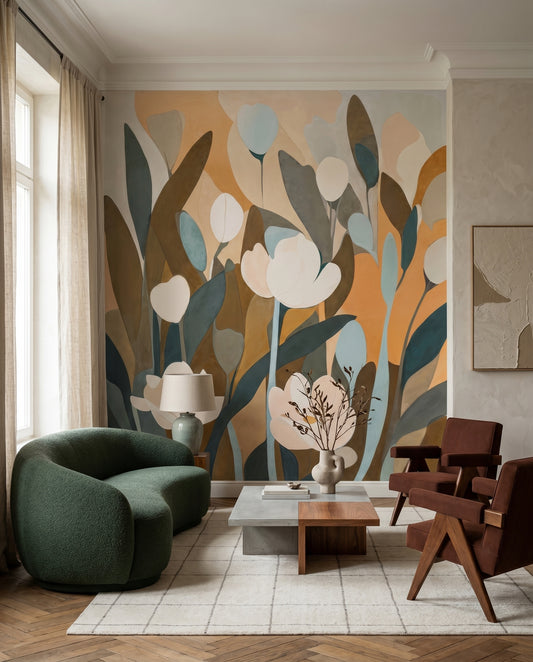 Ivory tulip blooms float across a living room with the Emis Meadow wall mural.