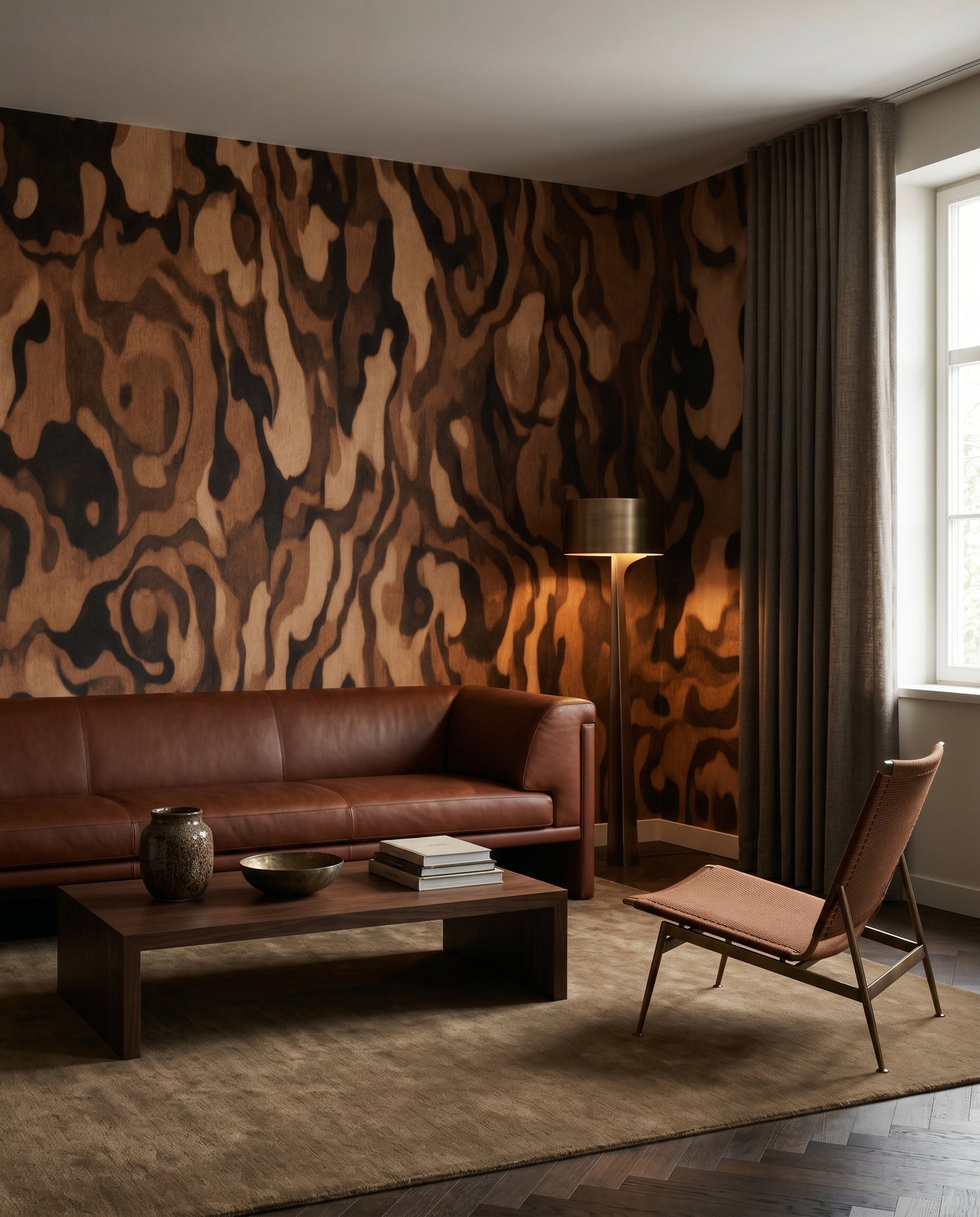 Living room backed by Ettore Grain wall mural in caramel swirls