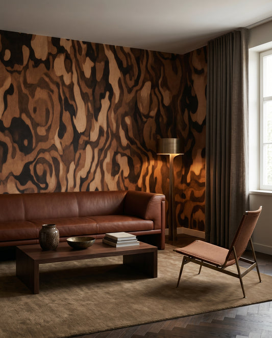 Living room backed by Ettore Grain wall mural in caramel swirls