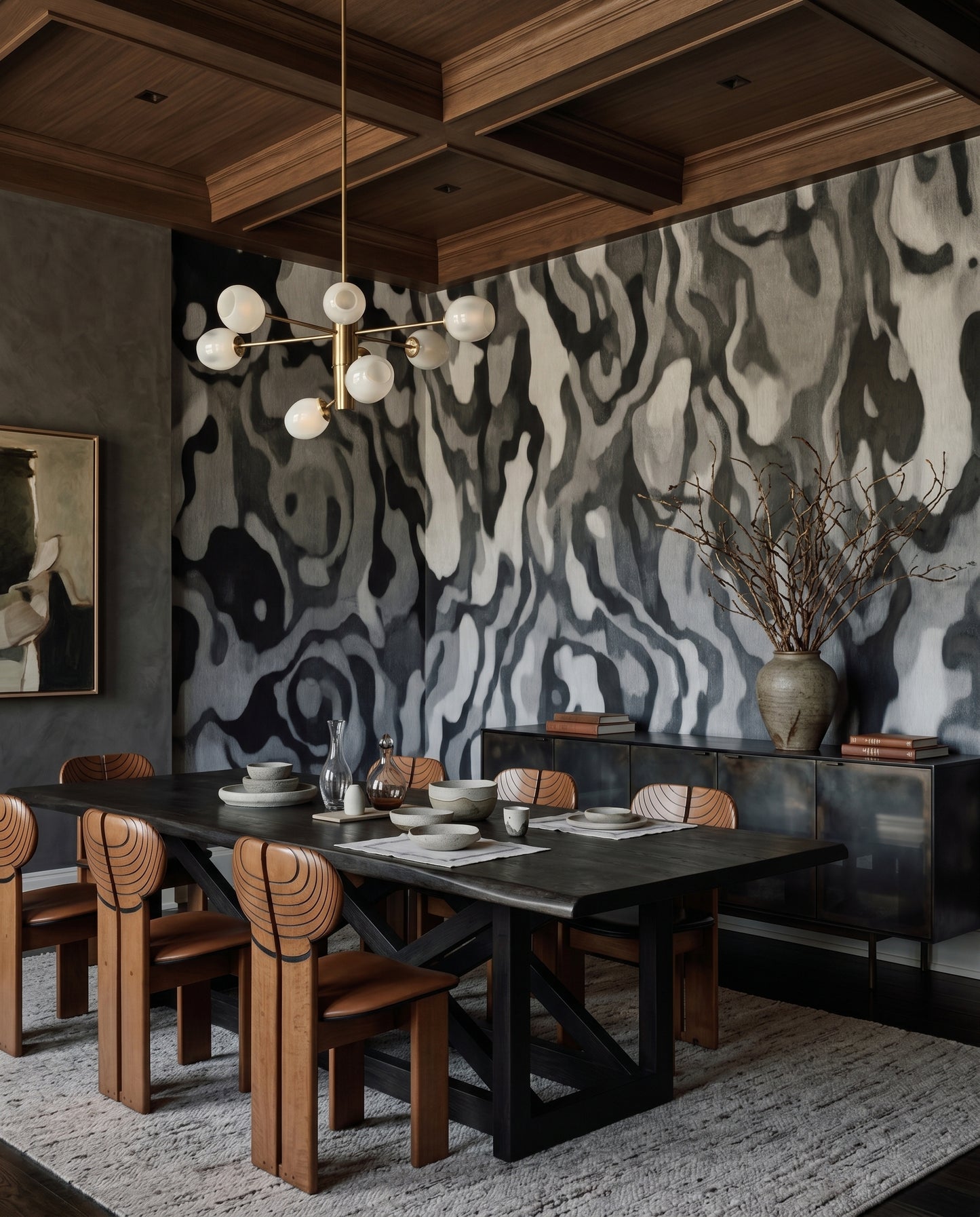 Ripples of ivory and black on the Ettore Line Dining room wall mural