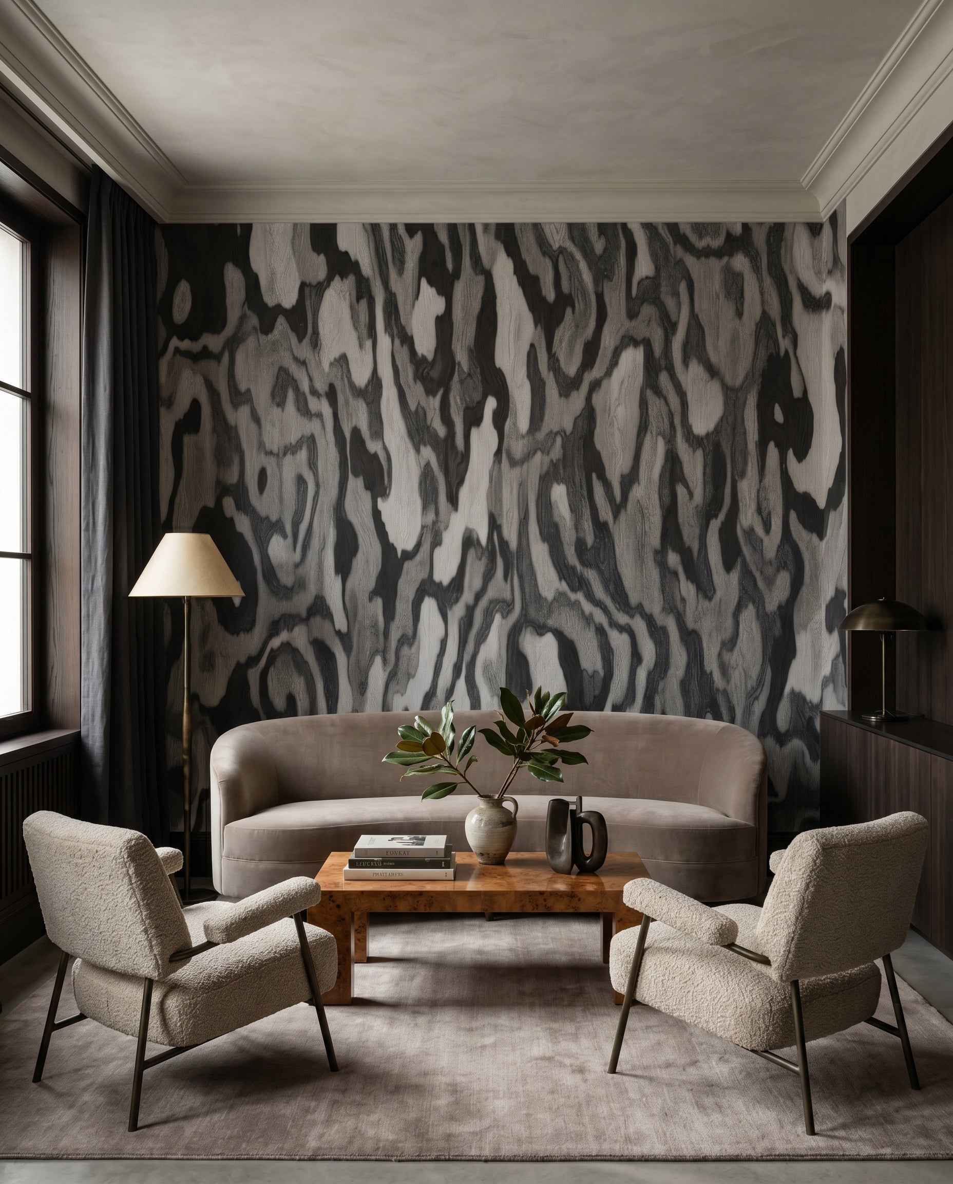 Swirling marbled grain shapes a moody wall mural backdrop for the lounge.