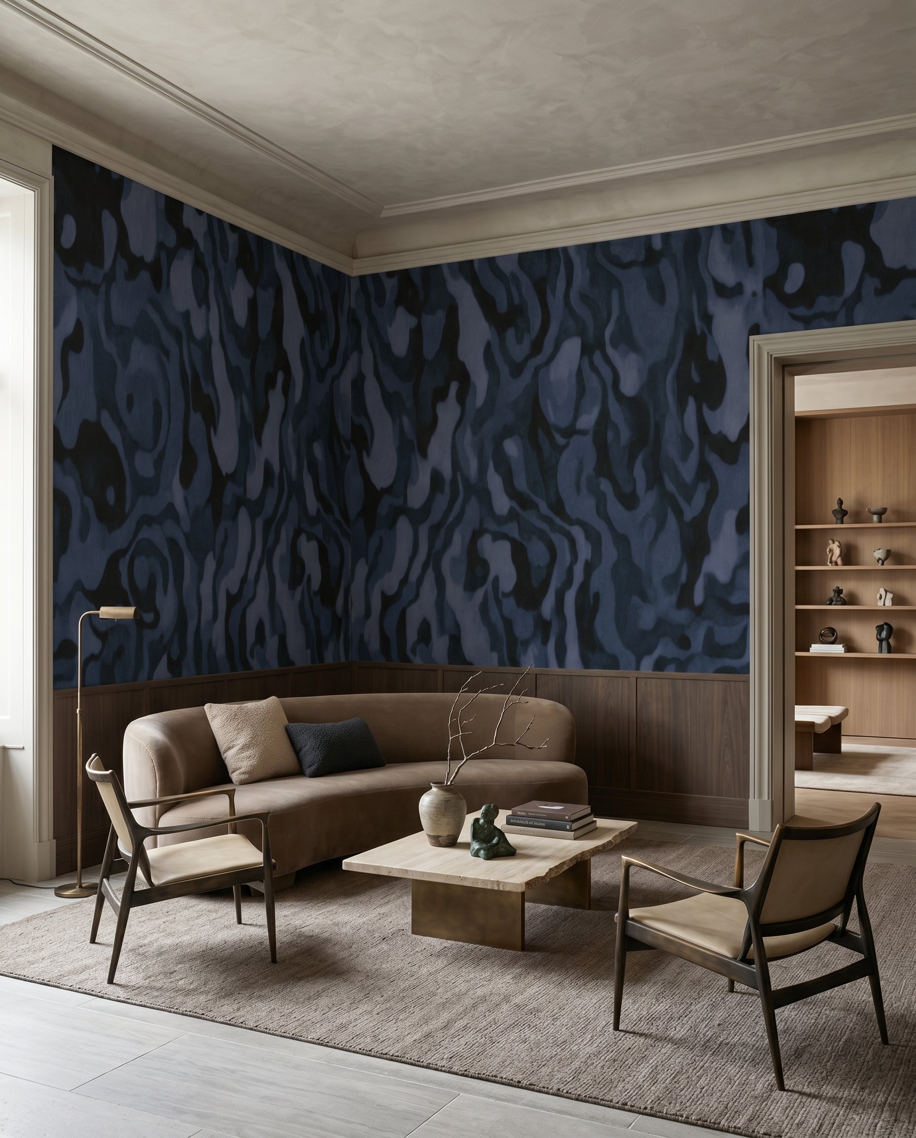 The Hallway takes a moody turn with indigo swirls from this veined wall mural.
