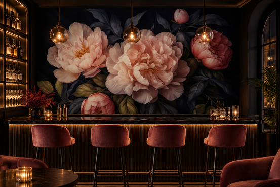 Grandmillennial dramatisk glamour arv gotiska mörka pioner blommor 1 vägg väggmålning