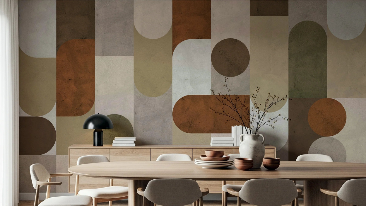 Dining room with a geometric wallpaper for walls and a wooden table.