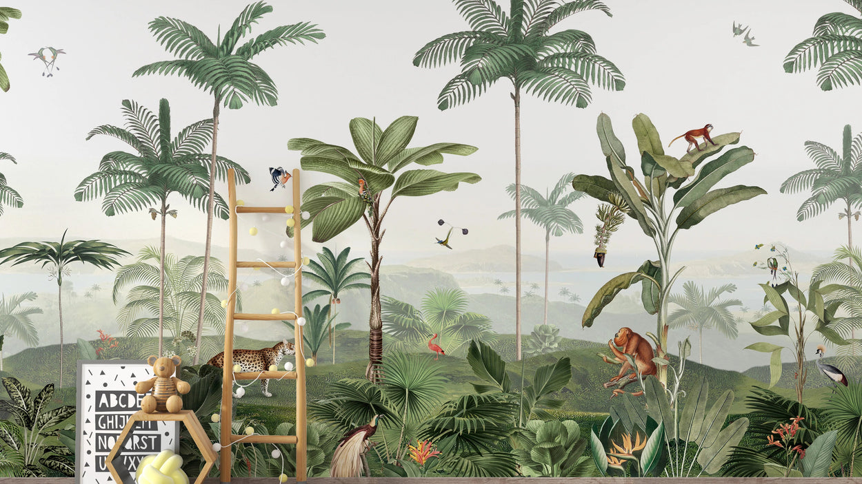 Jungle wallpaper for walls with palm trees and animals in a room setting.