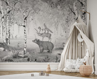Grey woodland wallpaper with animals and forest scenery
