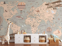 Fun vintage aviation-inspired mural wallpaper for kids' bedroom walls.
