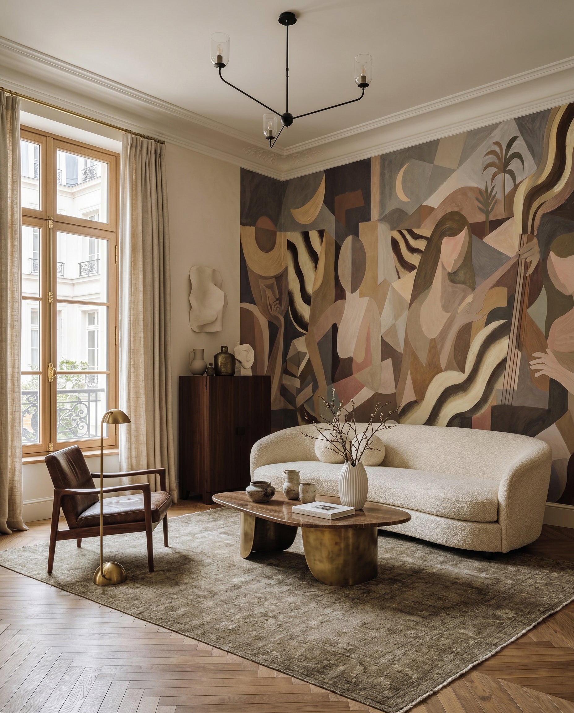 Cubist musicians spread through a Living  room across this painterly wall mural