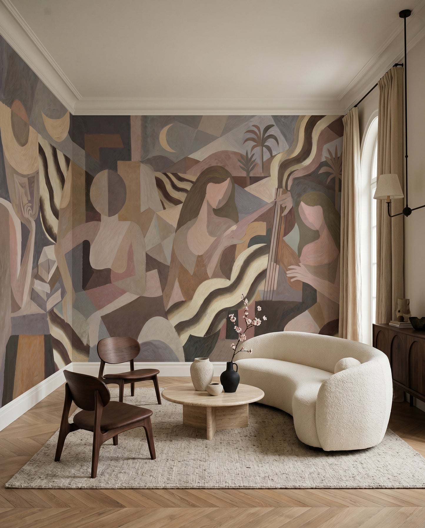 Beige and cream shades shape a Living room beside the Lunar Drift wall mural