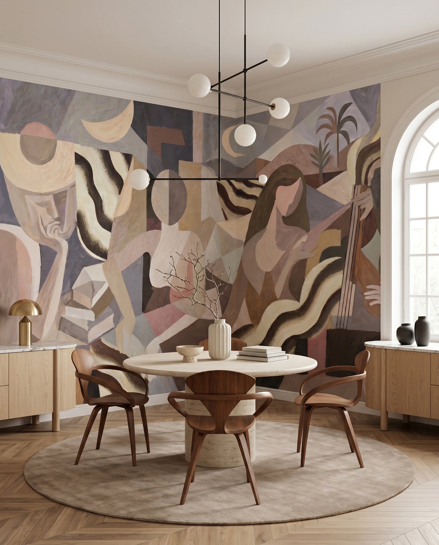 Quiet dining area framed by the Lunar Drift wall mural in warm beige
