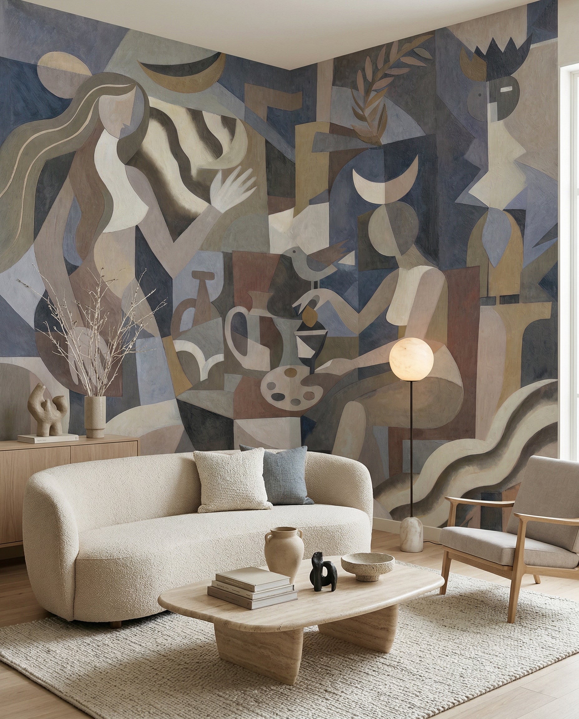 Lunar Eclipse wall mural sets a cubist mood behind a curved cream sofa in the living room.