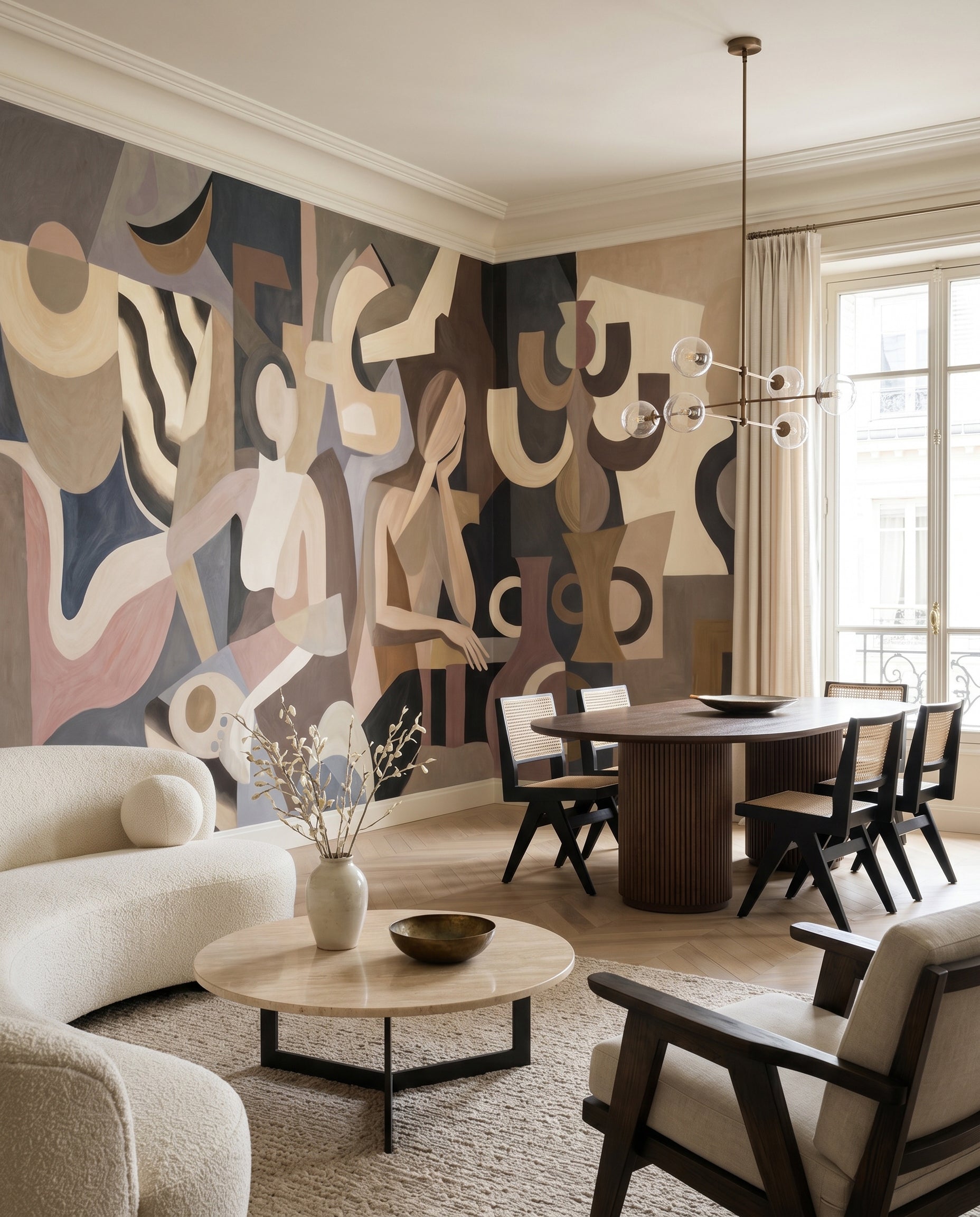 Lunar Silence wall mural sets the tone for a relaxed living room scene