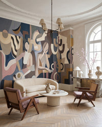 Cubist figures and crescent moon spread through Lunar Silence wall mural in a Living room