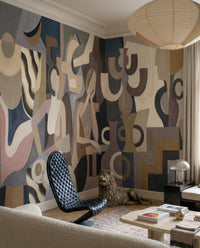 Muted taupe and slate of Lunar Silence wall mural shape a calm Living room backdrop