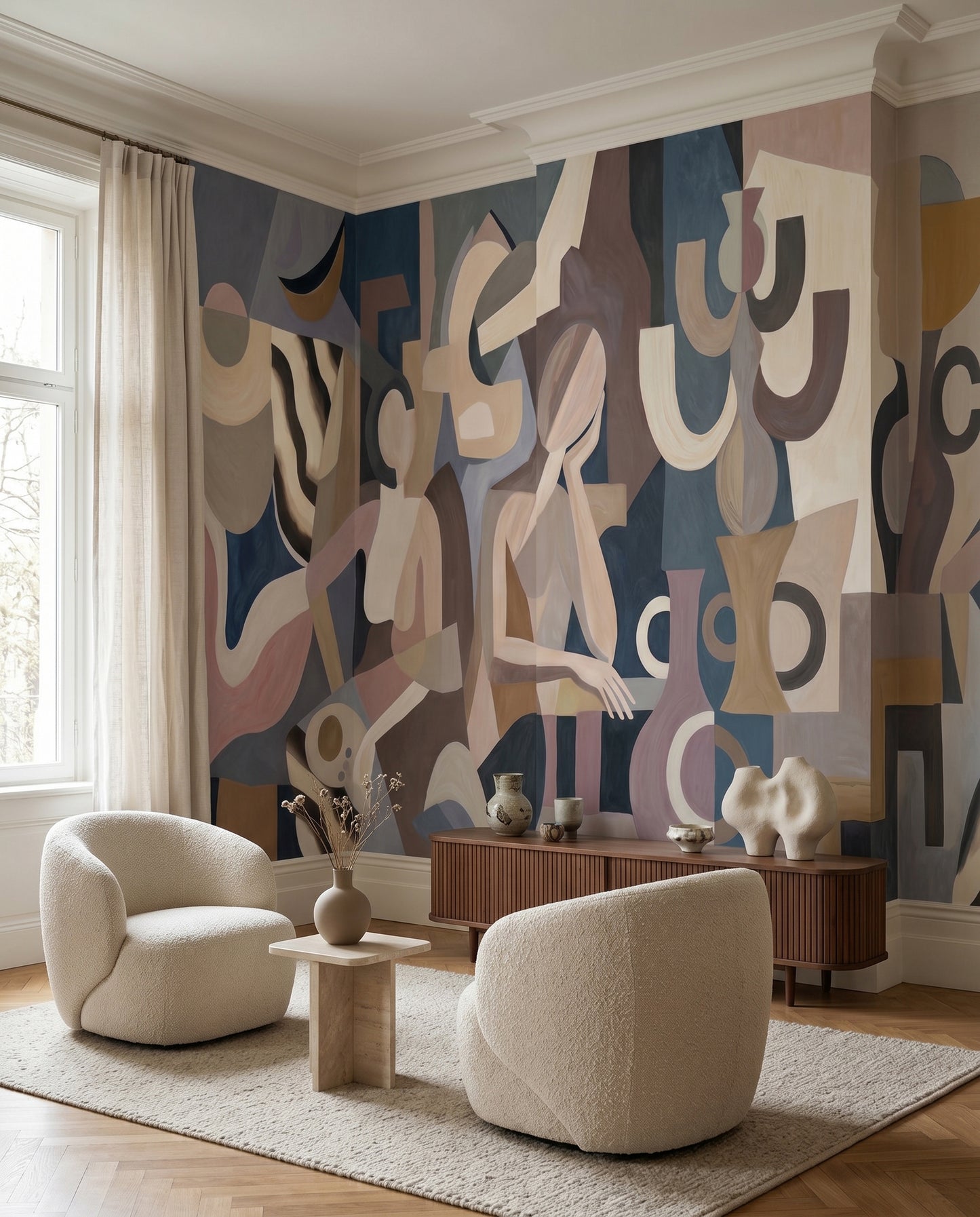 Modernist figures move across the Lunar Silence wall mural inside a quiet lounge