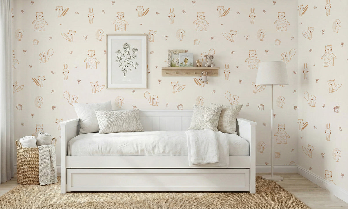 Cream Baby Forest Friends wallpaper with bears and foxes above a white daybed and trundle in a kids room