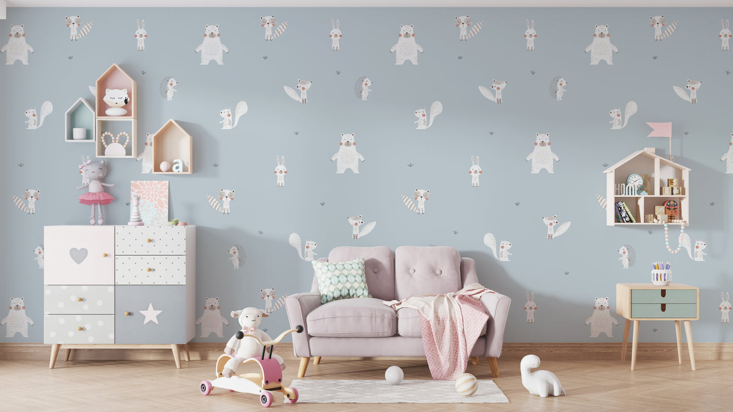 Forest Animals Blue Wallpaper For Walls