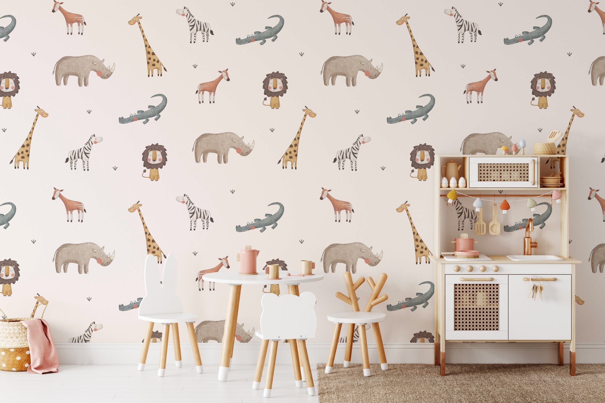 Jungle Safari Animals wallpaper with lions and giraffes in a playroom with a toy kitchen and animal-shaped chairs