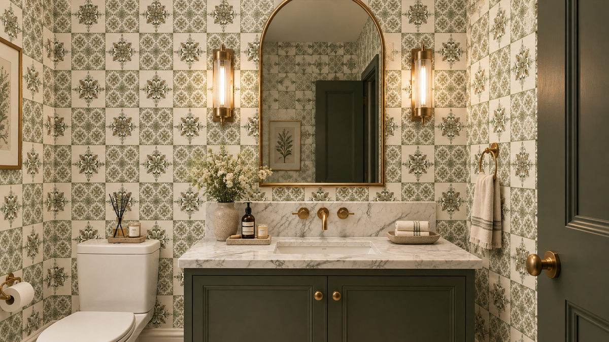 Mediterranean Tile Rustic Charm Sage Green Wallpaper⁠