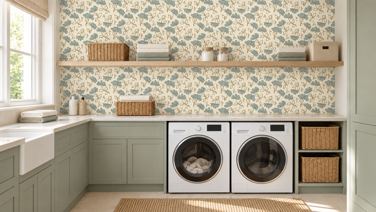 Minimalist Soft Blue Floral Line Art Wallpaper⁠