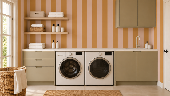 Ochre and Dusty Pink Vertical Stripes Wallpaper⁠