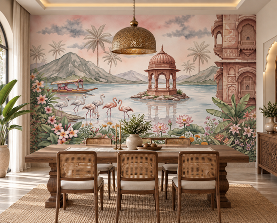 Fresques murales Le pavillon du lac aux flamants roses-RJM15