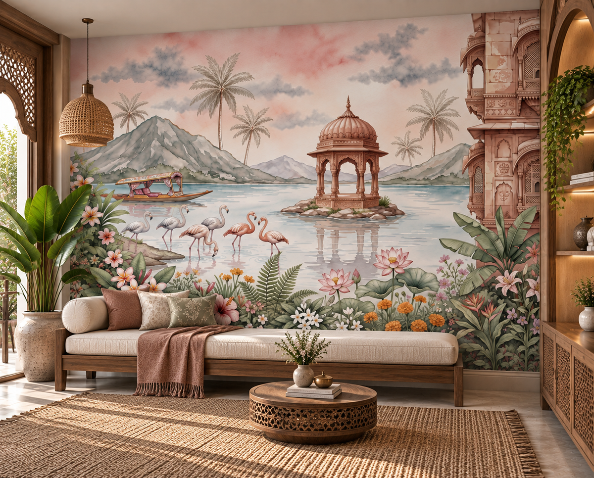 Mural cu pavilionul de pe lacul cu flamingi-RJM15