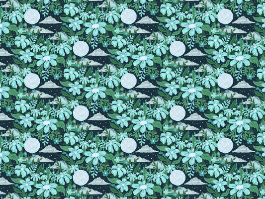 Moon Lit Garden Blue Wallpaper
