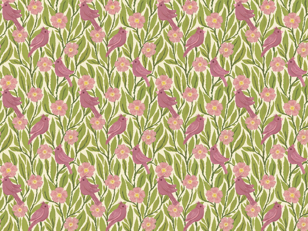 Pink Birds and Flowers Wallpaper in your room — zoomed