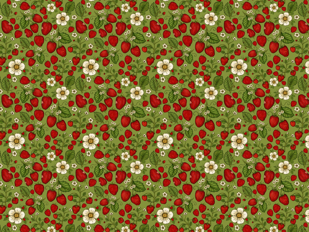 Strawberry Patch Red on Green Color Wallpaper in your room — zoomed