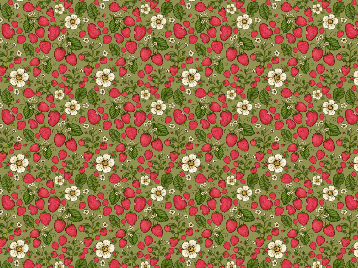 Strawberry Patch Pink on Green Wallpaper in your room — zoomed