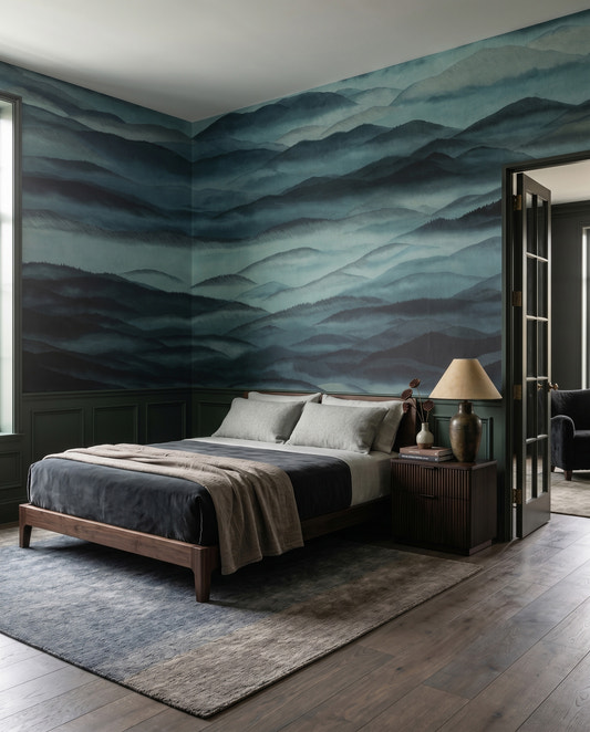 Roerich Hills wall mural lifts a calm bedroom with teal ridges fading into pale fog.