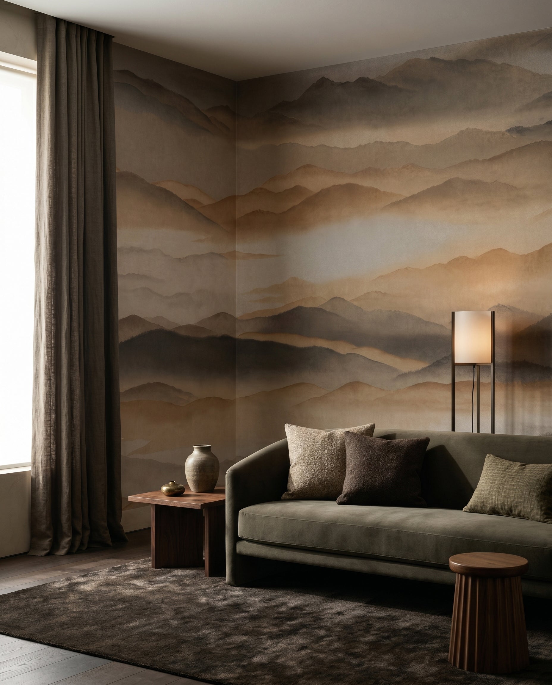 Faded brown peaks stretch behind a living room with the Roerich Silence wall mural.