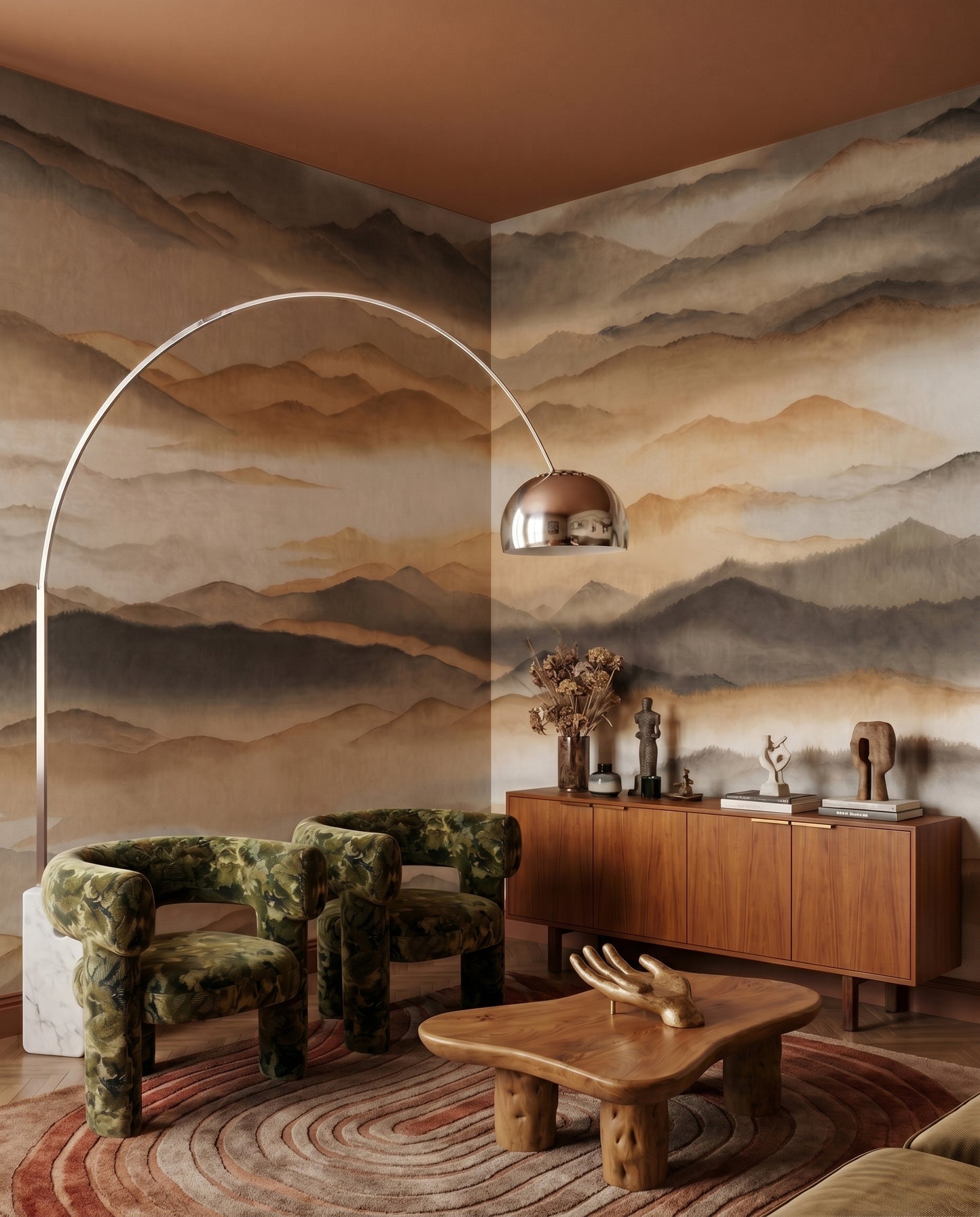 Mist drifts over ridge layers in a calm lounge showing the Silence wall mural.

