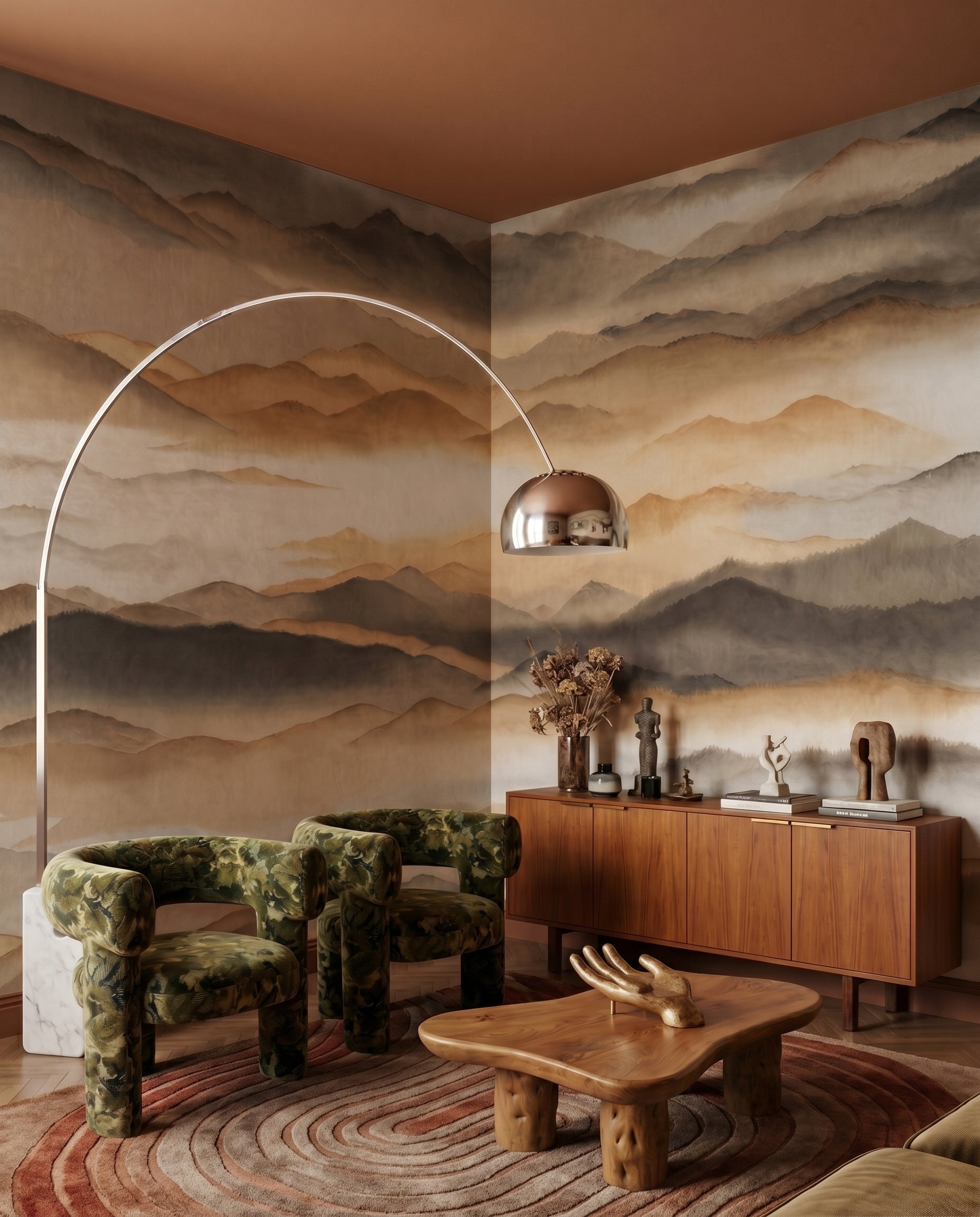 Mist drifts over ridge layers in a calm lounge showing the Silence wall mural.
