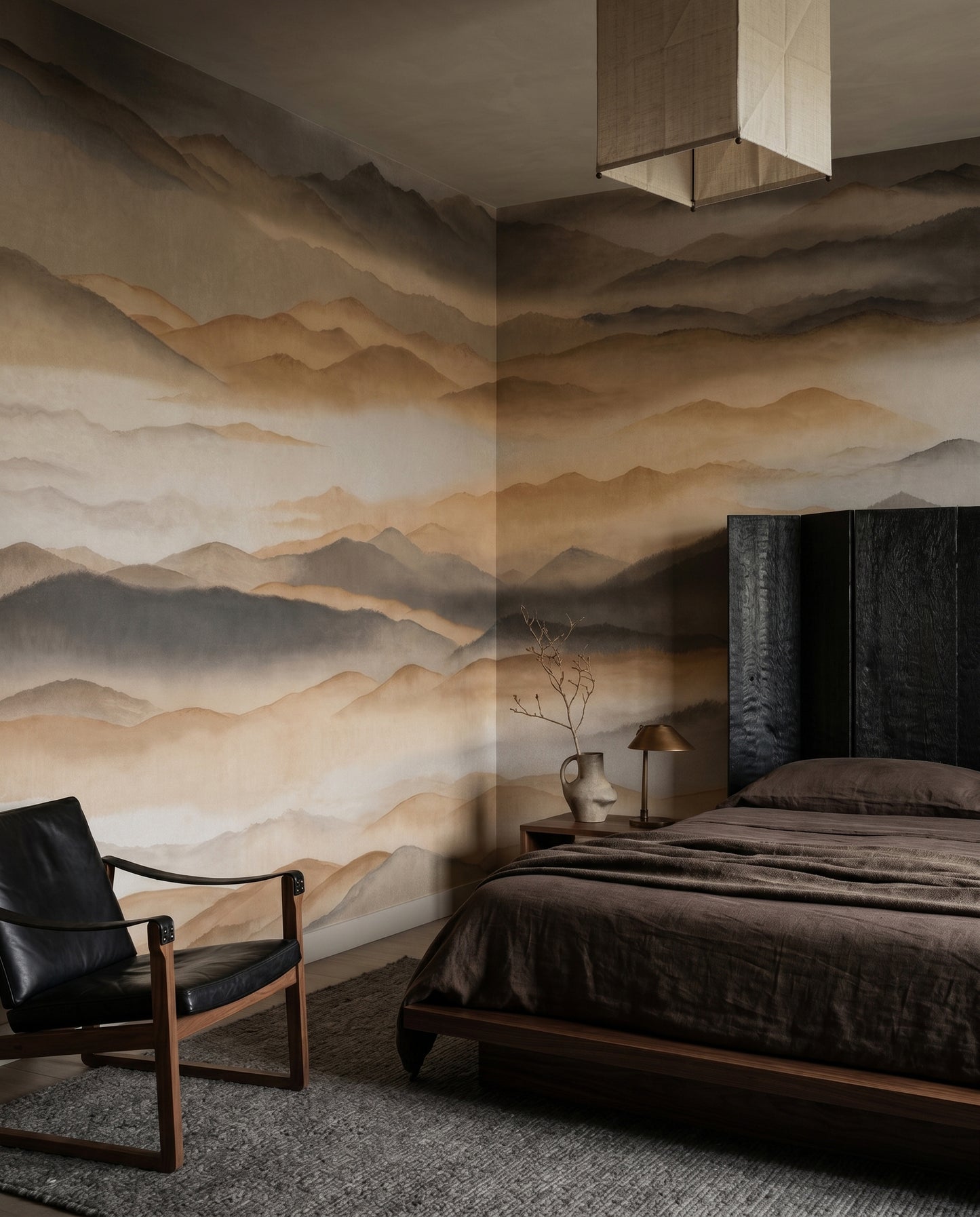 Sepia haze pools above a bedroom backdrop, the Roerich Silence wall mural quiet behind.