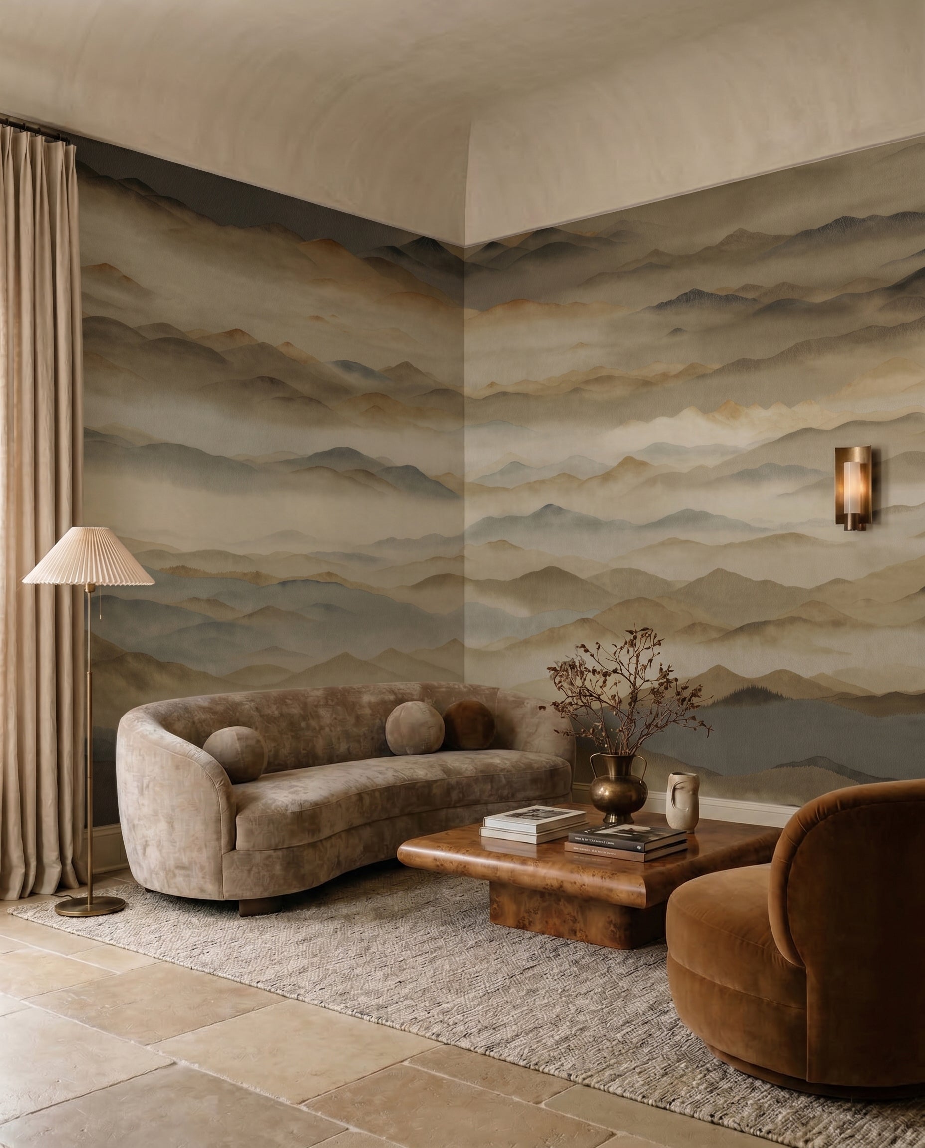 Mountain horizons recede on this Roerich Twilight wall mural facing a stone Living room.