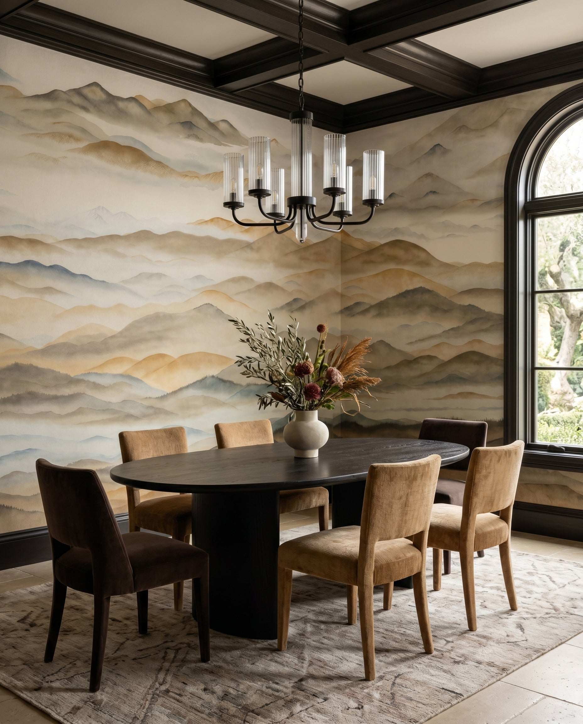 Painted ochre ridges drift behind the dining room with this Roerich Valley wall mural.