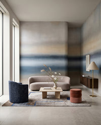 Living room backdrop in moody navy and taupe Rotko Ash wall mural tones