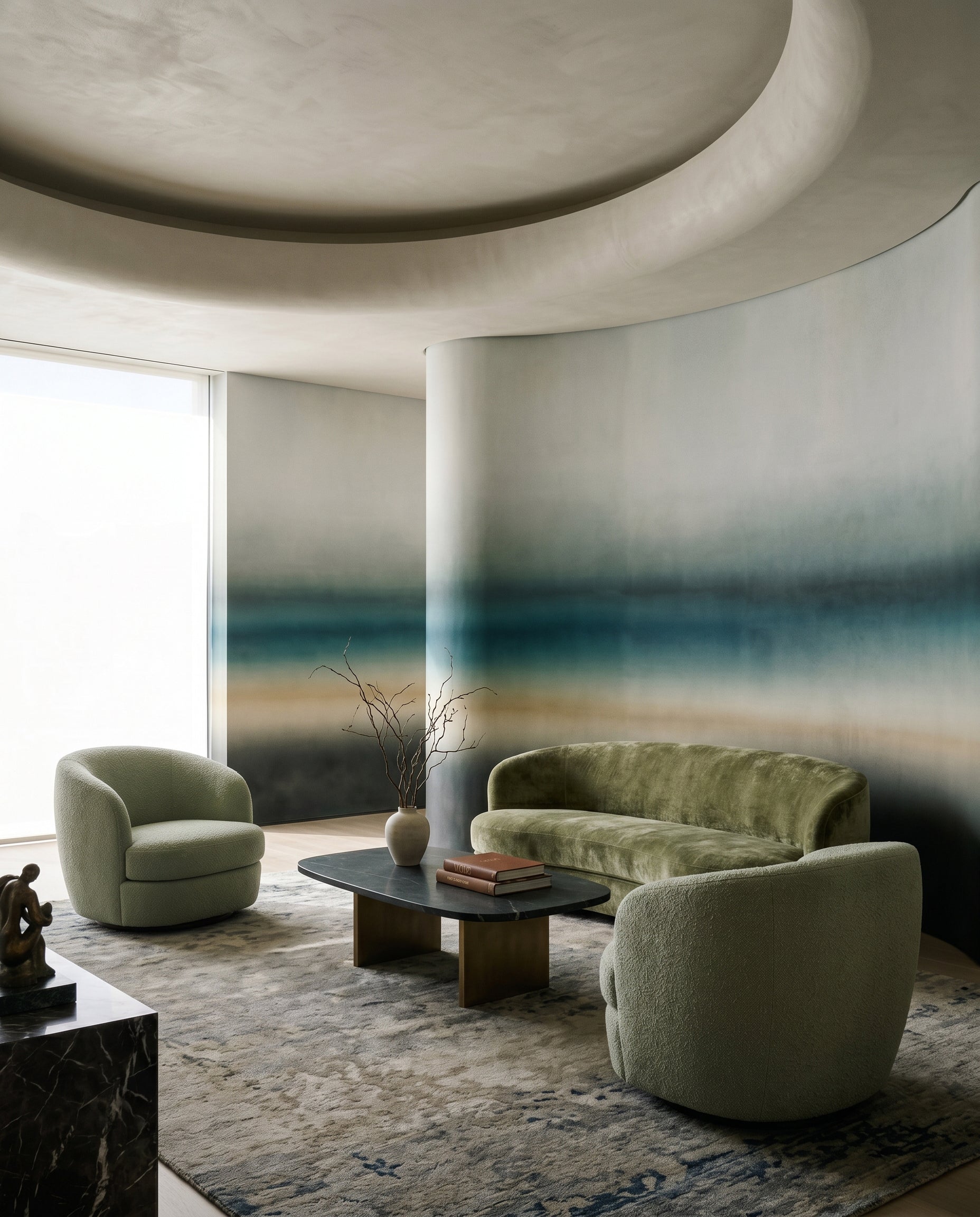 Pale teal gradient of the Blush wall mural easing behind a quiet Living area