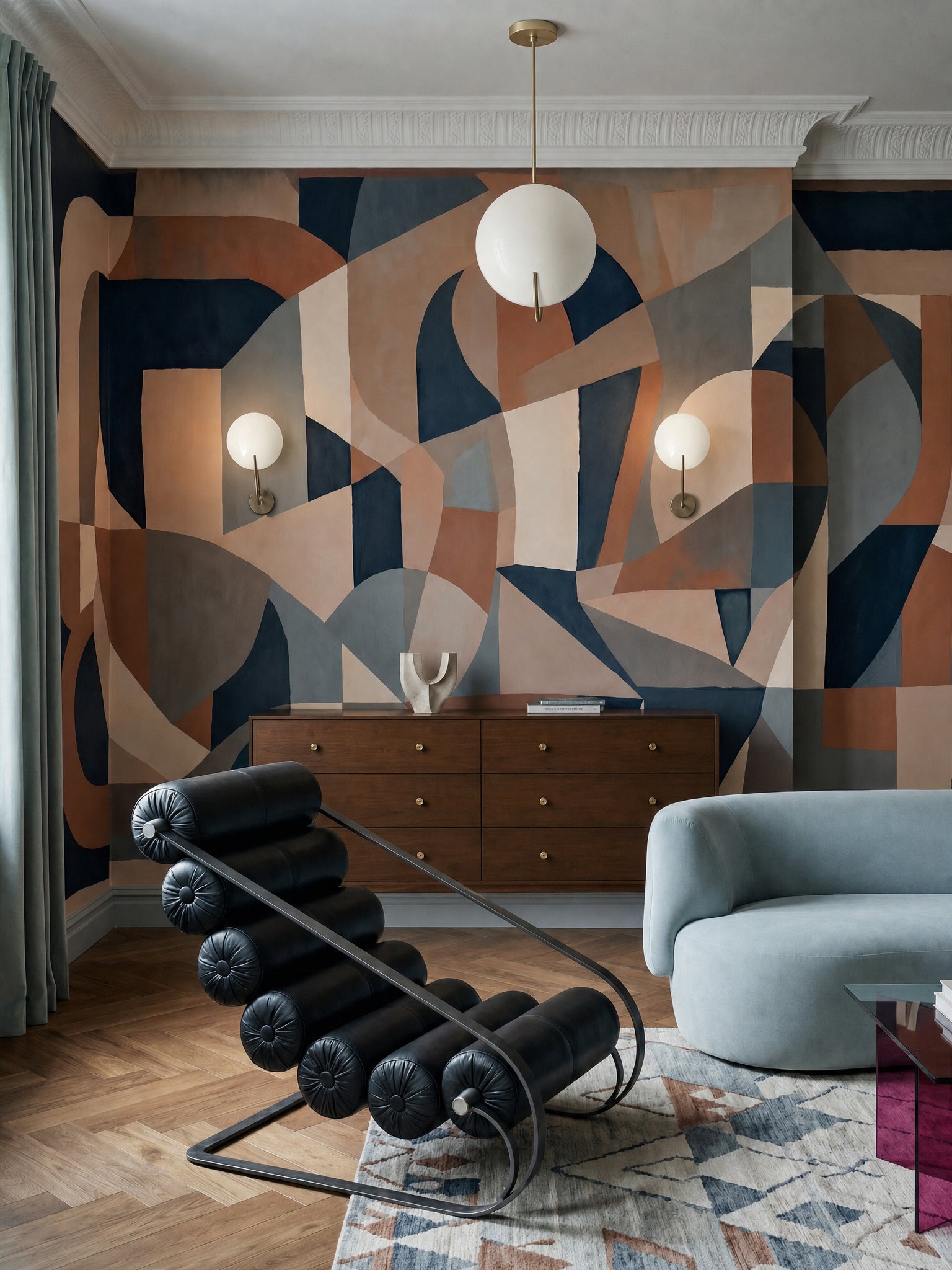 Curved geometric pieces stack across the Silent Arch wall mural inside a living room