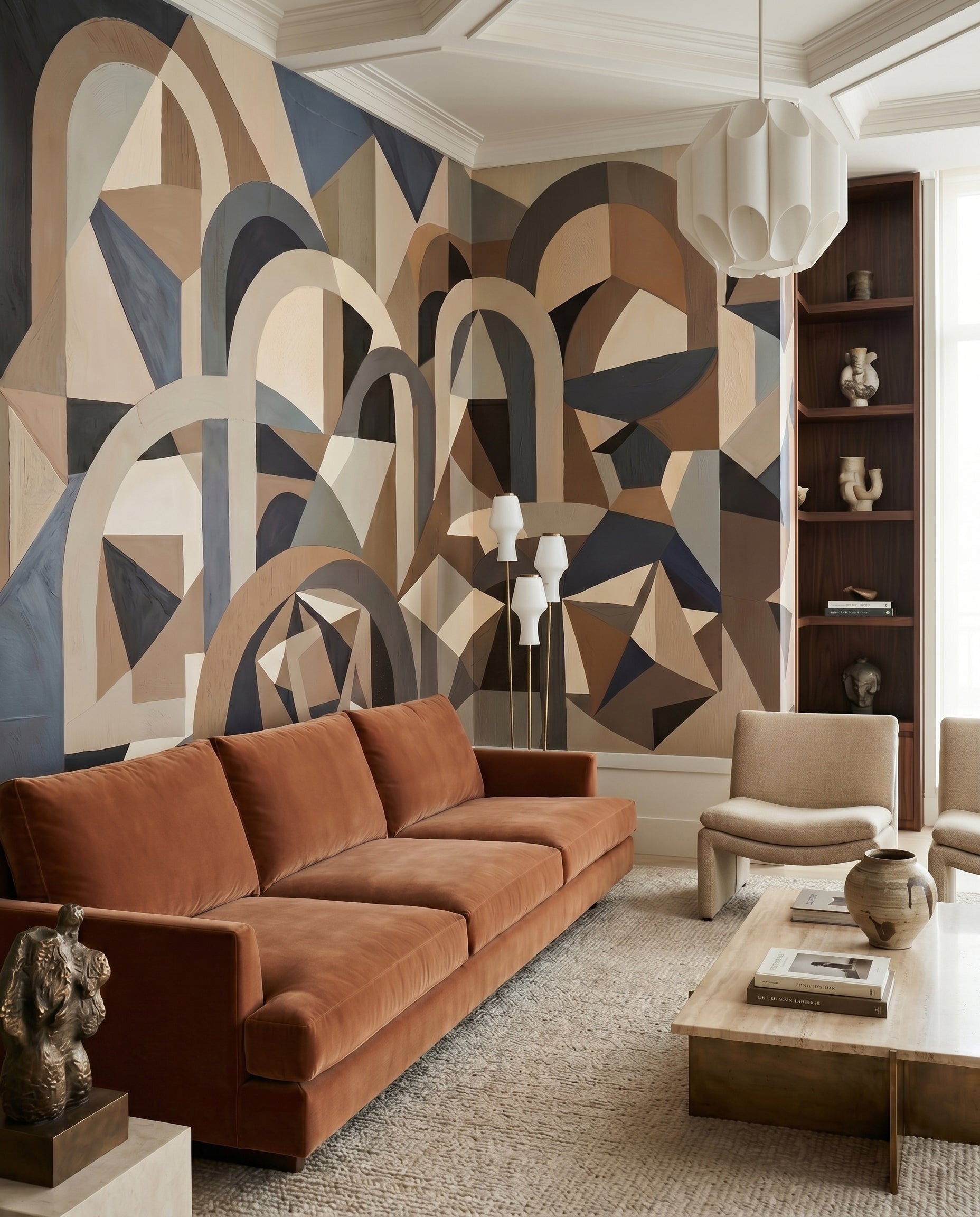Silent Axis sits in a living room as the main sculpted geometric wall mural feature.