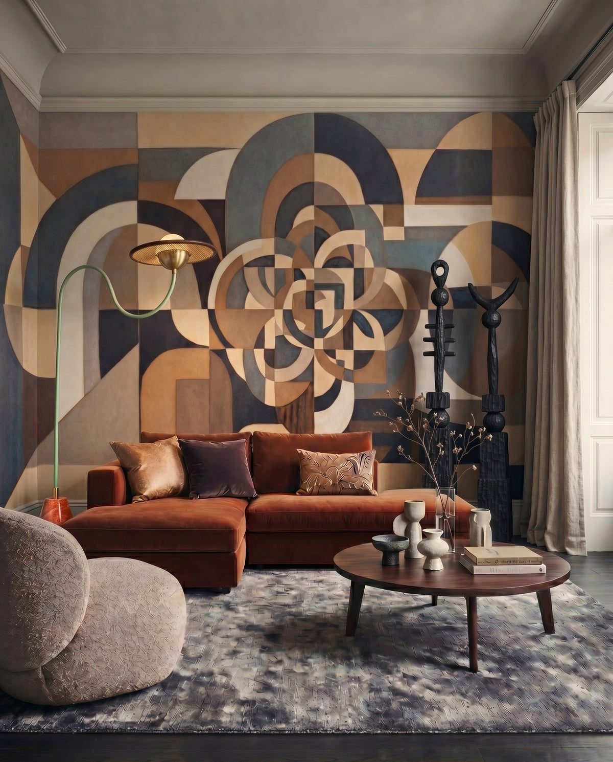 Silent Passage wall mural fills the focal area of a living room in beige and slate