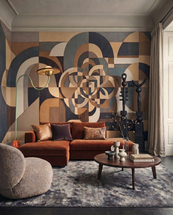 Silent Passage wall mural fills the focal area of a living room in beige and slate
