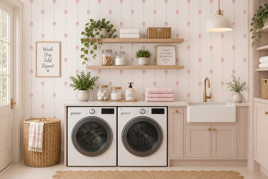 Soft Pink Ribbon Vertical Stripe Wallpaper⁠ GD12406