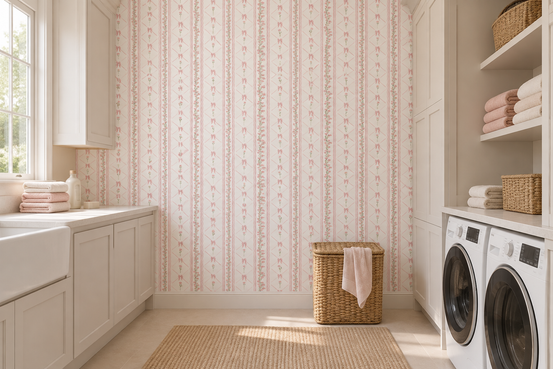 Papel de parede com laços cor-de-rosa suaves e treliça floral