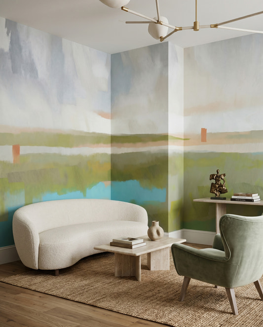 Living room set against the Velvet Dawn wall mural with a calm wetland view.